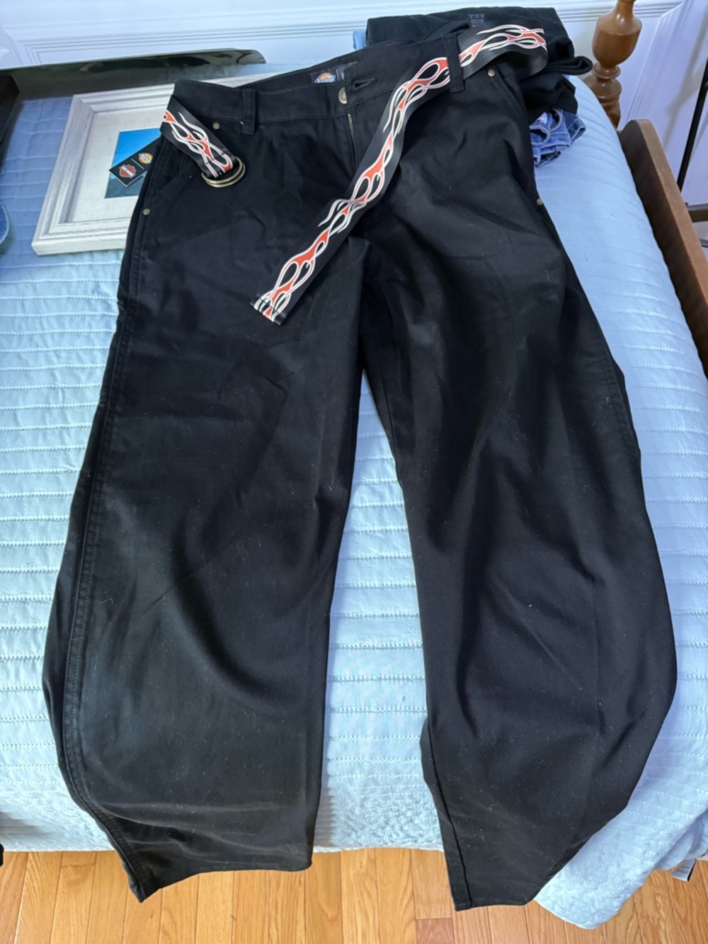 Dickies / Harley Black Women’s Carpenter Pants with Red & White Flame Belt